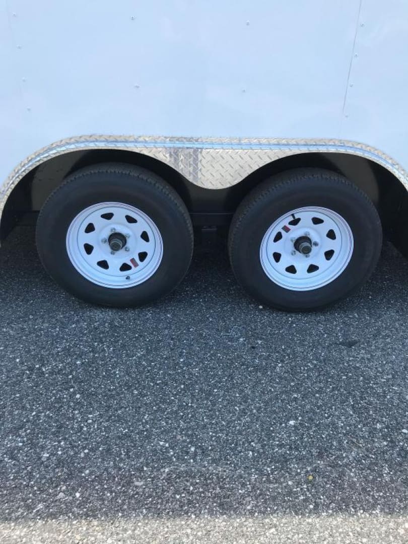 Close-up of trailer wheels and tires