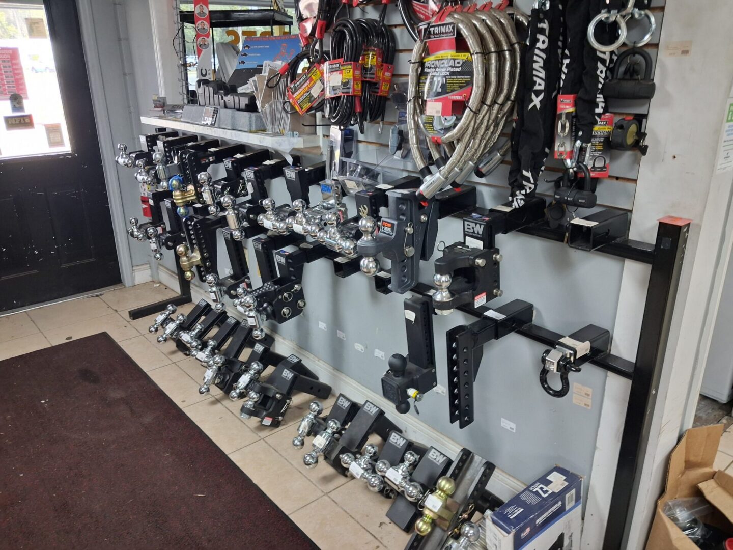 Store display of trailer hitch receivers and accessories