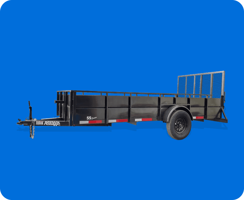 Black single-axle utility trailer with ramp gate