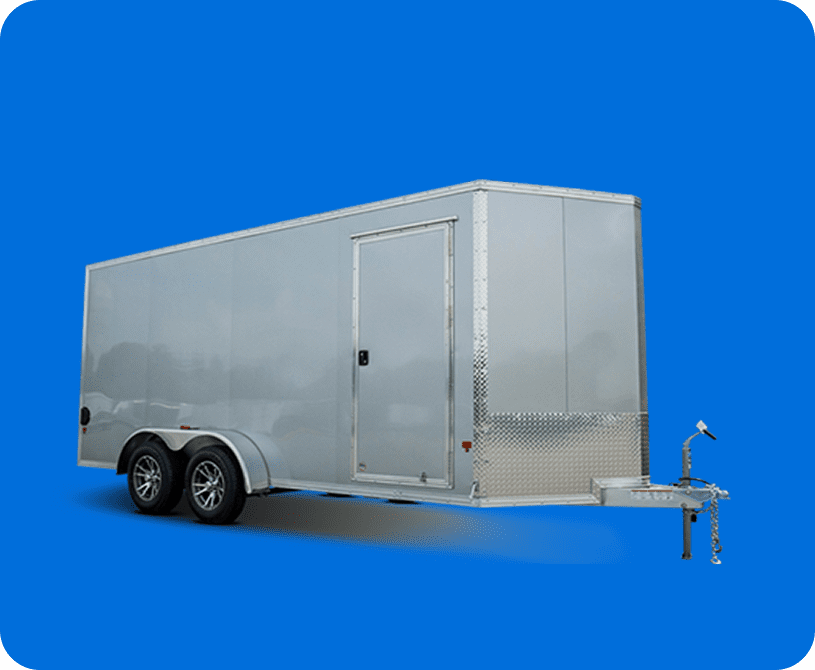 Silver enclosed cargo trailer on blue background