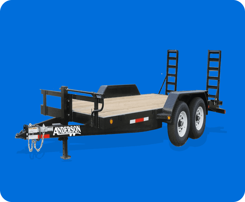 Black dual-axle flatbed trailer with ramps