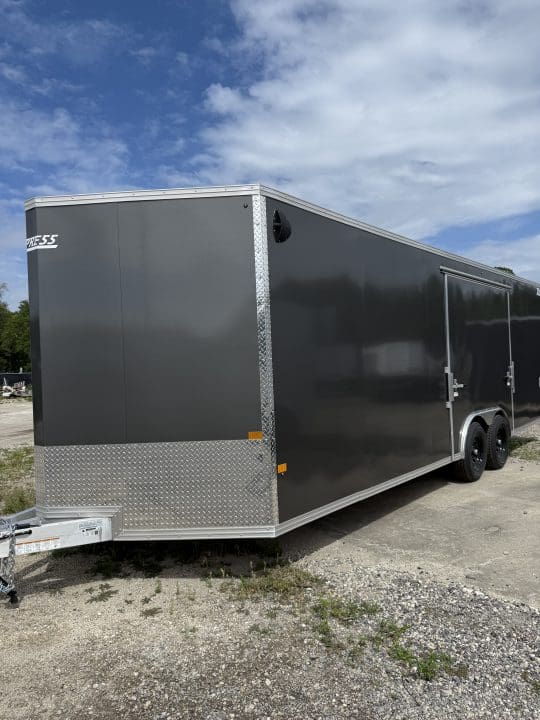 Enclosed cargo trailer on gravel lot