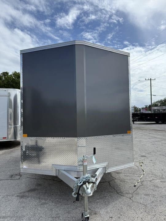 Front view of a gray trailer.